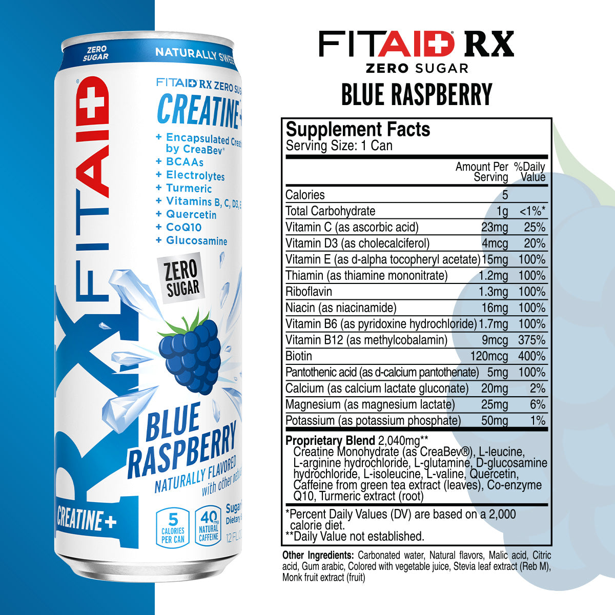 FITAID RX Zero Sugar Blue Raspberry - Creatina Encapsulada, Bebida de Workout Recovery
