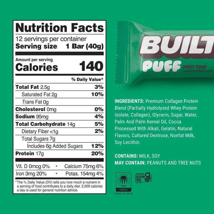 Barra de Proteina y Colageno - Sabor Mint Chip - Marca BUILT