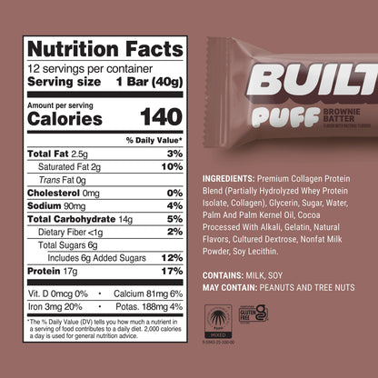 Barra de Proteina y Colageno - Sabor Brownie Batter - Marca BUILT