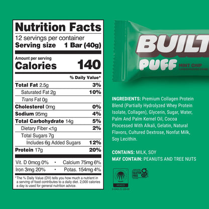 Barra de Proteina y Colageno - Sabor Mint Chip - Marca BUILT