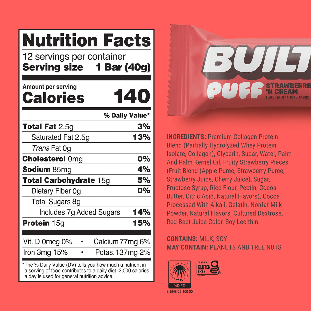 Barra de Proteina y Colageno - Sabor Strawberries 'N Cream Puff - Marca BUILT