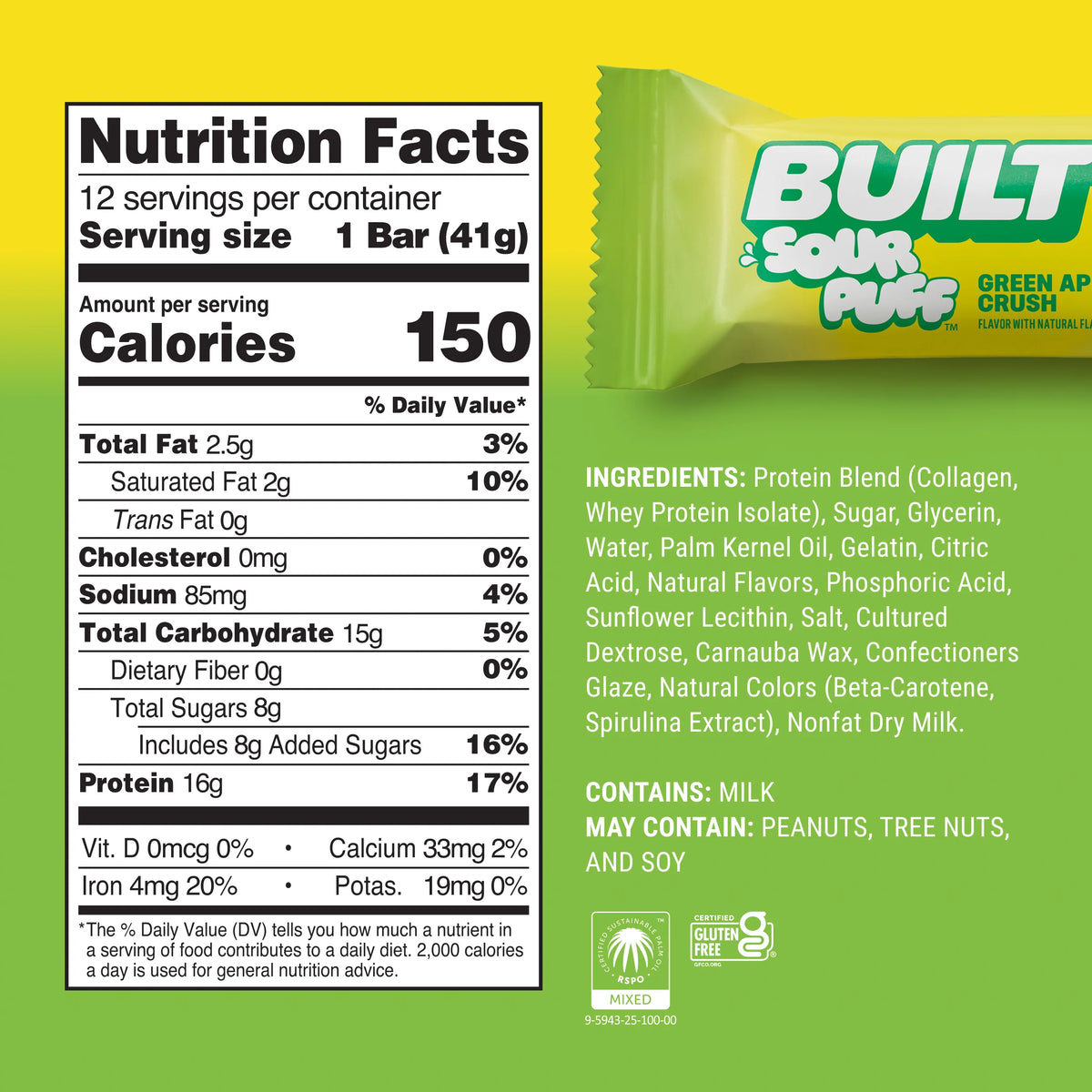 Barra de Proteina y Colageno - Sabor Green Apple Crush - Marca BUILT