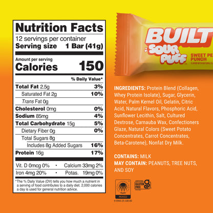 Barra de Proteina y Colageno - Sabor Sweet Peach Sour Punch - Marca BUILT